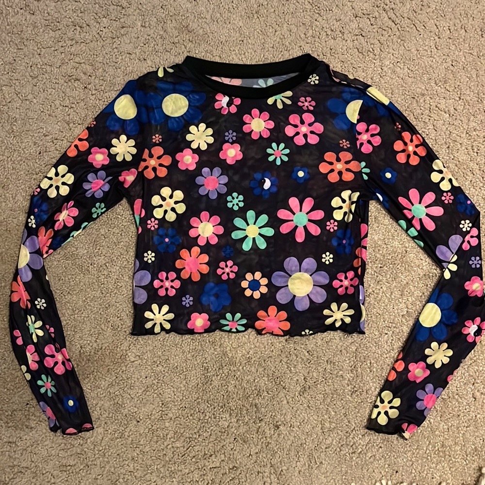 Flower long sleeve mesh top, size small.